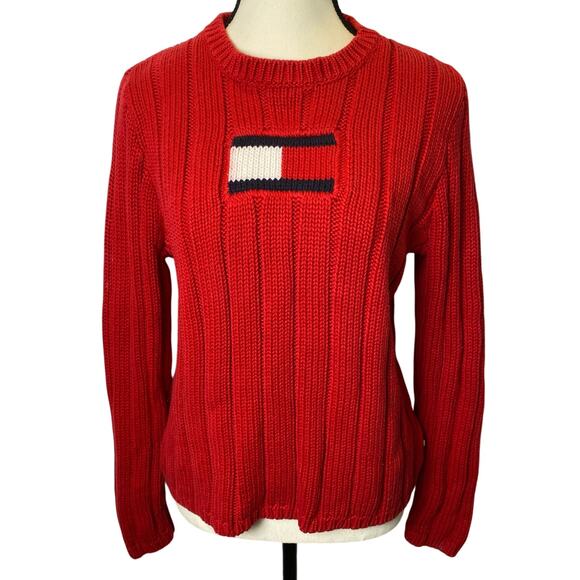 Vintage Tommy Hilfiger Crewneck Sweater Large Heavy Knit Classic Logo Cotton Y2K - Picture 1 of 10